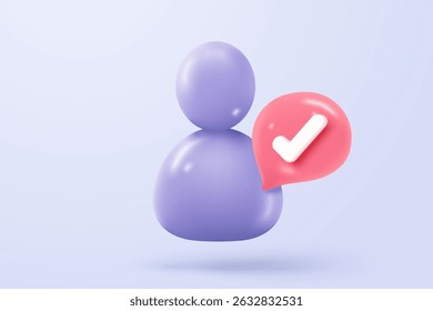 3d user profile icon or social avatar signs and business communication staff person. Identity verification success with checkmark. 3d round account manager button icon vector render illustration
