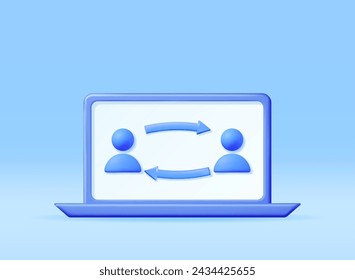 3D User Sync or Switch Symbol in Laptop. Render User Exchange, Synchronization or File Transfer. User Profile with Arrows Icon. Employee Replacement or People Swap Position. Vector illustration