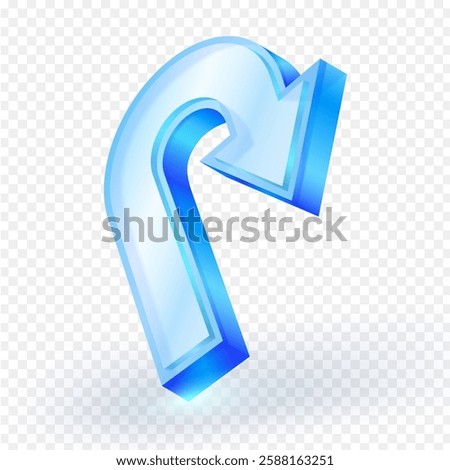 3D U-turn arrow icon. Isolated blue transparent glass material on white background. Vector illustration of direction, route, location, travel guide, navigation.