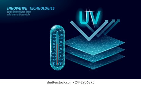  3D UV-Schutz Membraneigenschaften. Textiles Gewebe Sport Sonnenschutzetikett. Bekleidung digitales Design Ultraviolette Strahlen Sicherheit Hautwiderstand Vektor-Illustration