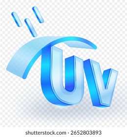 Símbolo de proteção UV 3D com escudo transparente, representando defesa contra luz ultravioleta. Isolado no plano de fundo transparente. Ilustração vetorial de ícones.