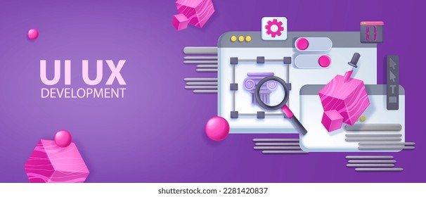 3D UX design banner, browser screen, UI web page, vector program interface concept. Visual creative content background, tools panel, tablet menu program development. UX design abstract process