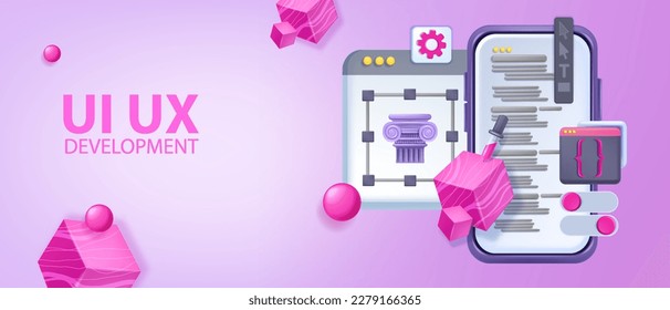 Banner de diseño 3D UX, página web de interfaz de usuario, pantalla de smartphone, concepto de interfaz de programa vectorial. Fondo de contenido creativo visual, panel de herramientas, desarrollo de programas de pantalla de tablet. Proceso abstracto de diseño de UX
