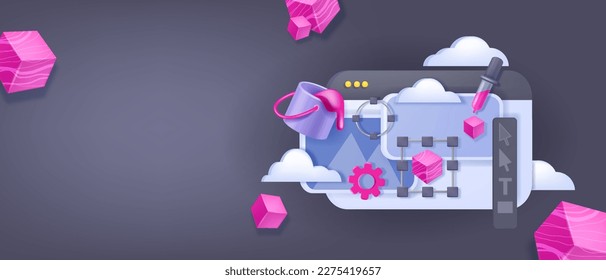 3D UX design banner, vector UI web page, program interface concept, cartoon window software. Visual creative content, tools panel, clouds, tablet screen program development. UX design abstract process