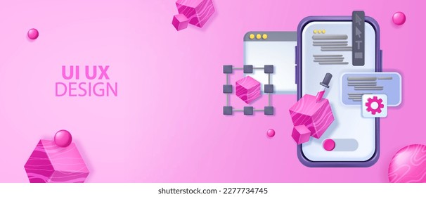3D UX design banner, vector UI web page, smartphone screen, program interface concept. Visual creative content background, tools panel, tablet screen program development. UX design abstract process - Powered by Shutterstock - Get 15% off with code: PIKWIZARD15
