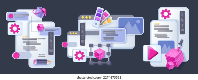 3D UX design set, vector UI web icon program interface concept, cartoon mobile app software clipart. Visual creative content, smartphone tablet screen program development. UX design abstract process 