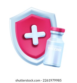 3D vaccine shield icon, medical antimicrobe injection pharmacy logo, vector glass vial clipart. Healthcare pandemic protection campaign concept, antibiotic shot cross. Vaccine shield immune badge 