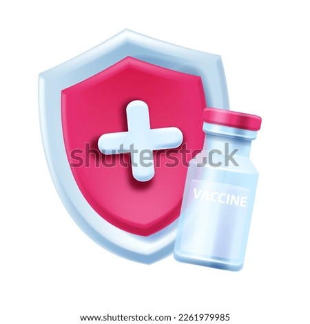 3D vaccine shield icon, medical antimicrobe injection pharmacy logo, vector glass vial clipart. Healthcare pandemic protection campaign concept, antibiotic shot cross. Vaccine shield immune badge 