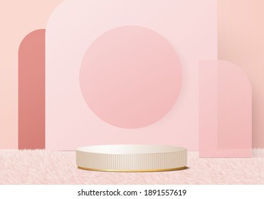 3d valentine background cosmetic products minimal podium on  platform. background vector 3d rendering with podium. gold stand for show products. Stage showcase on pedestal pink wool carpet studio