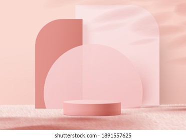 3d valentine background cosmetic products minimal podium on  platform. background vector 3d rendering with podium. gold stand for show products. Stage showcase on pedestal pink wool carpet studio