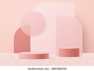 3d valentine background products minimal podium on wool carpet platform. background vector 3d rendering with podium. gold stand for show products. Stage showcase on pedestal pink wool carpet studio