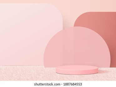 3d valentine background products minimal podium on wool carpet platform. background vector 3d rendering with podium. gold stand for show products. Stage showcase on pedestal pink wool carpet studio