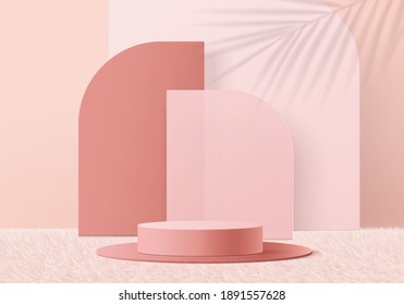 3d valentine background products minimal podium on wool carpet platform. background vector 3d rendering with podium. gold stand for show products. Stage showcase on pedestal pink wool carpet studio