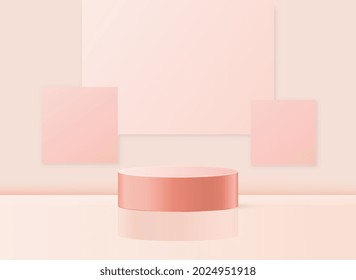 Productos de fondo de San Valentín 3D. Plataforma para premiar los mejores productos cosméticos. Escenario en estudio tierno rosa. Concepto de efecto. Exposición de mercancías. Fondo de color rosa de la luz vectorial mínima realista