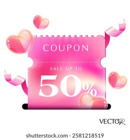 3d valentine coupon is being printed from a slot, with percent price off, coupon code, red gift boxes and love and heart icons, isolated on white background. Print Gift voucher vector banner template