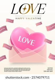 3d valentine coupon flying with heart icon inside an envelope, isolated on bright background. Valentine gift voucher with coupon code, percent price off. 3d vector