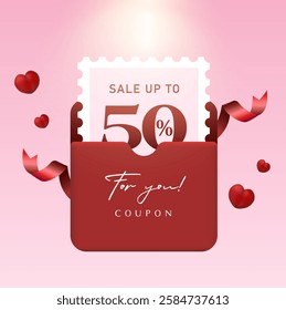 3d valentine coupon template inside an envelope, isolated on background with heart icons and ribbons flying around. Love gift voucher banner template with coupon code in 3d vector.