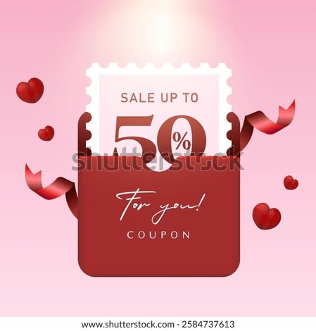 3d valentine coupon template inside an envelope, isolated on background with heart icons and ribbons flying around. Love gift voucher banner template with coupon code in 3d vector.