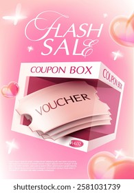 3d valentine coupons inside a gift box with flying heart icons around, isolated on pink background. Gift voucher cashback popup banner template. 3d gift box coupon vector