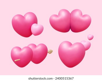 3D Valentine day heart elements isolated on light pink background