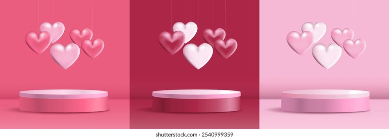 Conjunto de pedestales de día de San Valentín 3D. Podios rosados con globos aerostáticos en forma de corazón. Publicidad y marketing, lugar para la promoción de productos. Plantilla de folleto y folleto. Ilustración vectorial volumétrica