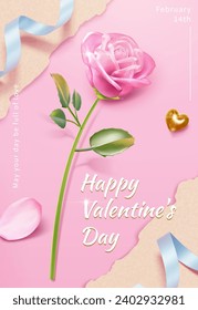 3D Valentine Day poster with pink glass rose and festive decors on light pink torn paper background