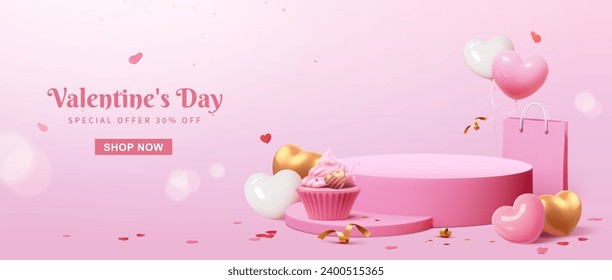 3D Valentine Day sale banner. Pink podium with cupcake on light pink background with heart balloons.