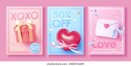 3D Valentine lovely poster templates with gift, heart and love letter isolated on pink background