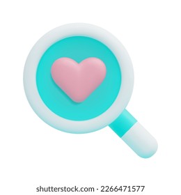 3d valentine magnifying glass icon vector. 14 February Happy Valentine's Day. 3d health love or world heart day concept. Isolated on white background. 3d love search icon vector render illustration.