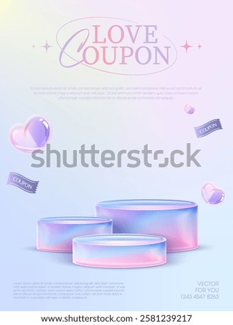 3d valentine podium for product showcase banner template with flying hearts and coupons around. Valentine love product stage for sale off event. 3d vector