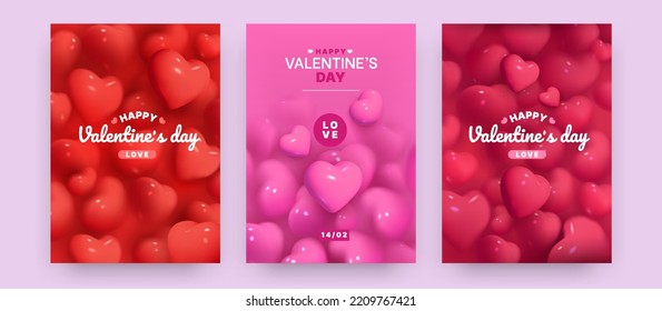 3d Valentine posters, mother day card, red and pink hearts pattern. Happy love postcard for mom birthday, exact balloons for honeymoon gift. Glossy elements, vector background concept