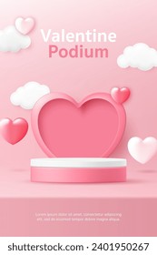 3D Valentine product display cylinder stand podium banner. heart shape on pink pastel background for Happy Valentine's day, social media template, discount sale promotion, greeting card, voucher web