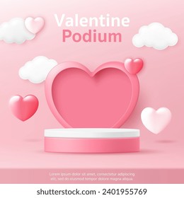 3D Valentine product display cylinder stand podium banner. heart shape on pink pastel background for Happy Valentine's day, social media template, discount sale promotion, greeting card, voucher web