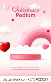 Banner de podio del cilindro de la pantalla del producto de San Valentín 3D. forma del corazón, arcoiris dulce sobre fondo rosa para Feliz Día de San Valentín, plantilla de medios sociales, promoción de venta de descuento, vale, post