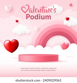 3D Valentine product display cylinder stand podium banner. heart shape, sweet rainbow on pink background for Happy Valentine's day, social media template, discount sale promotion, voucher, post