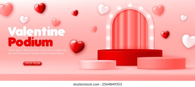 3D Valentine product display cylinder stand podium banner. heart shape on pink pastel background for Happy Valentine's day, social media template, discount sale promotion, beauty, cosmetic, web
