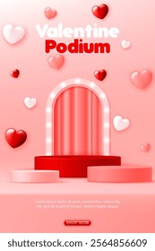 3D Valentine product display cylinder stand podium banner. heart shape on pink pastel background for Happy Valentine's day, social media template, discount sale promotion, beauty, cosmetic, web
