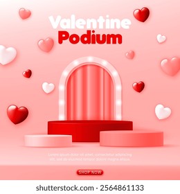 3D Valentine product display cylinder stand podium banner. heart shape on pink pastel background for Happy Valentine's day, social media template, discount sale promotion, beauty, cosmetic, web
