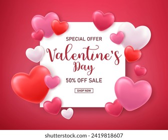 3d Valentines banner template. Valentines day store discount promotion with white space for text and hearts elements in red background. Vector illustration.