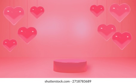 Fundo do Dia dos Namorados 3D: pódio de cilindro rosa com formas de coração pastel flutuante. Plataforma geométrica vetorial para exibição do produto. Montagem abstrata, cena mínima, apresentação de palco.