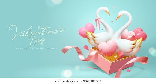 3d Valentine's Day banner template with swan couple jumping out of present box and heart shape balloons