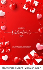 3D Valentine's day banner top view red background. Happy valentine realistic greeting card with gift box, red heart for love decoration, romantic template. Vector illustration.