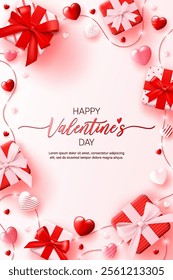 3D Valentine's day banner top view white background. Happy valentine greeting card with pink gift box, red heart love wallpaper, romantic promotion sale template, social media online post, web. Vector