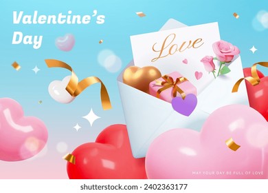 3D Valentines day card with love letter and festive decors on blue and pink gradient background.