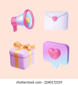 3D valentine's day decoration elements. Heart shape icon in speech bubble, love stamp sealed envelope, gradient color loudspeaker and wrapped gift box on pastel beige background
