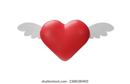 3D Valentines Day flying heart. Realistic love symbol with wings. Angel shape decoration. Vector illustration in plastic style. Romantic design for marriage, celebration