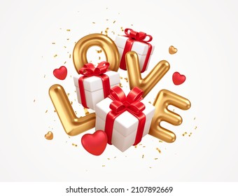 3D Valentines Day gift boxes with red bows. Gold word Love 3D realistic on the background gift boxes isolated on white background. Vector illustration EPS10