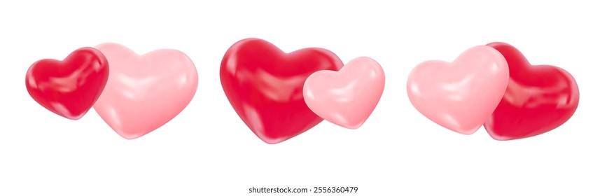 3d Valentines Day hearts. Pair of glossy red and pink hearts representing love, romance, affection. Vector illustration for wedding invitation, romantic greeting card, valentine, certificate, banner.