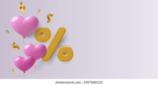 3D Valentine's Day holiday sale background with big gold percent icon, pink heart balloons and confetti. February 14 discount or special offer banner with copy space. Vector illustration.