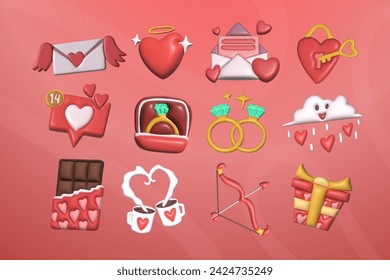3D valentine's day icon handdrawn illustrations set